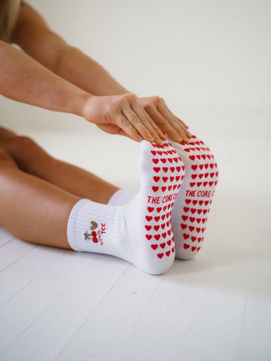 core club  XOXO, TCC cherry heart pilates grip socks red heart grips