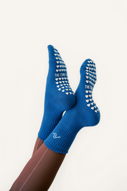 The Core Club TCC Blue Wave Pilates, Barre Grip socks, white heart grips
