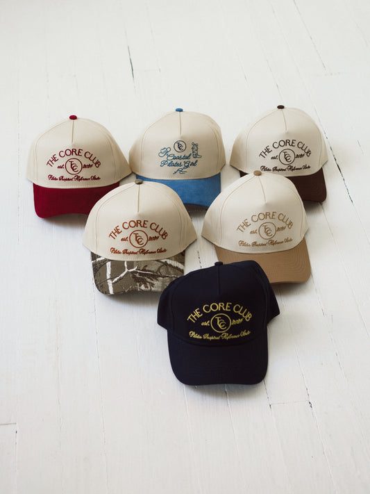 TCC Core Club Baseball Pilates hats, neutral colors, blue and navy, burgundy, camo
