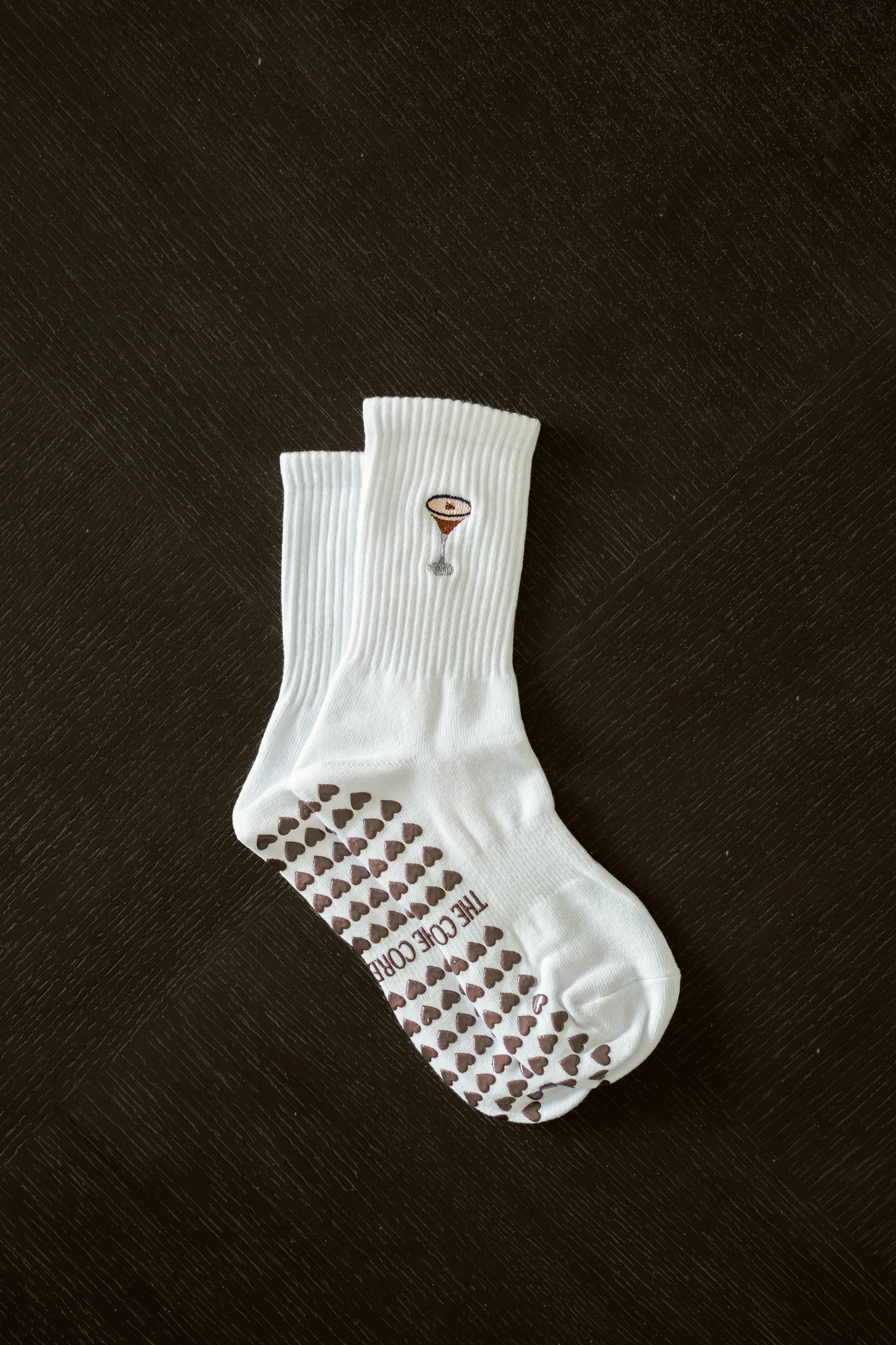 Espresso Martini Grip Pilates Sock – soft cotton non-slip socks with martini detail & brown heart grippies. Perfect for Pilates, yoga, barre & lounging.