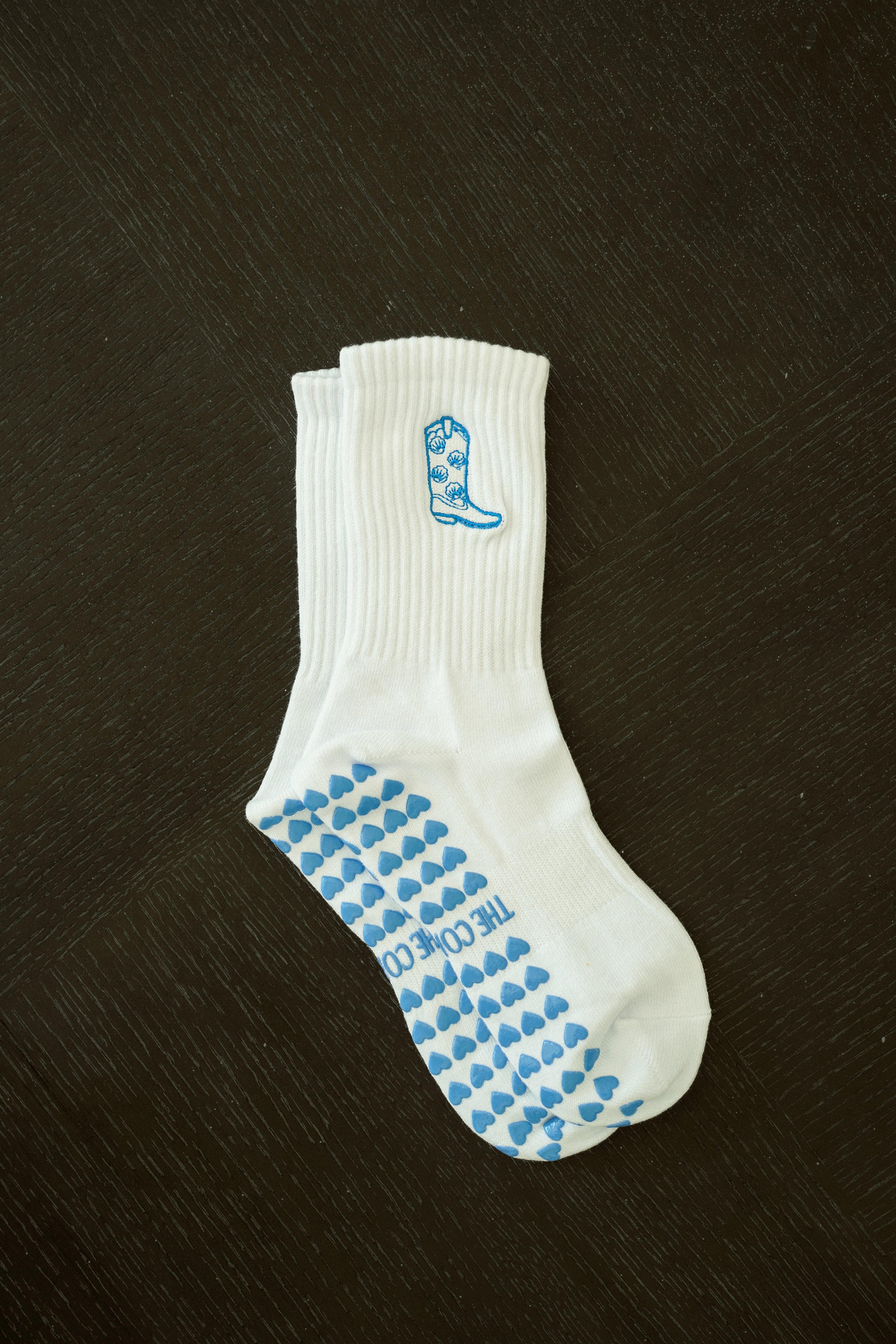 Cowboy Boot Grip Pilates Sock – blue cotton non-slip socks with embroidered cowboy boot & seashells and matching blue heart grippies. Perfect for Pilates, yoga & barre.