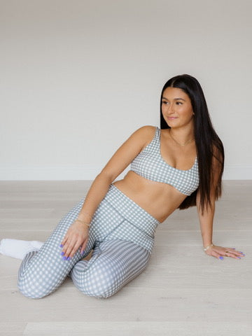 TCC core club Pilates set, green gingham print, sitting