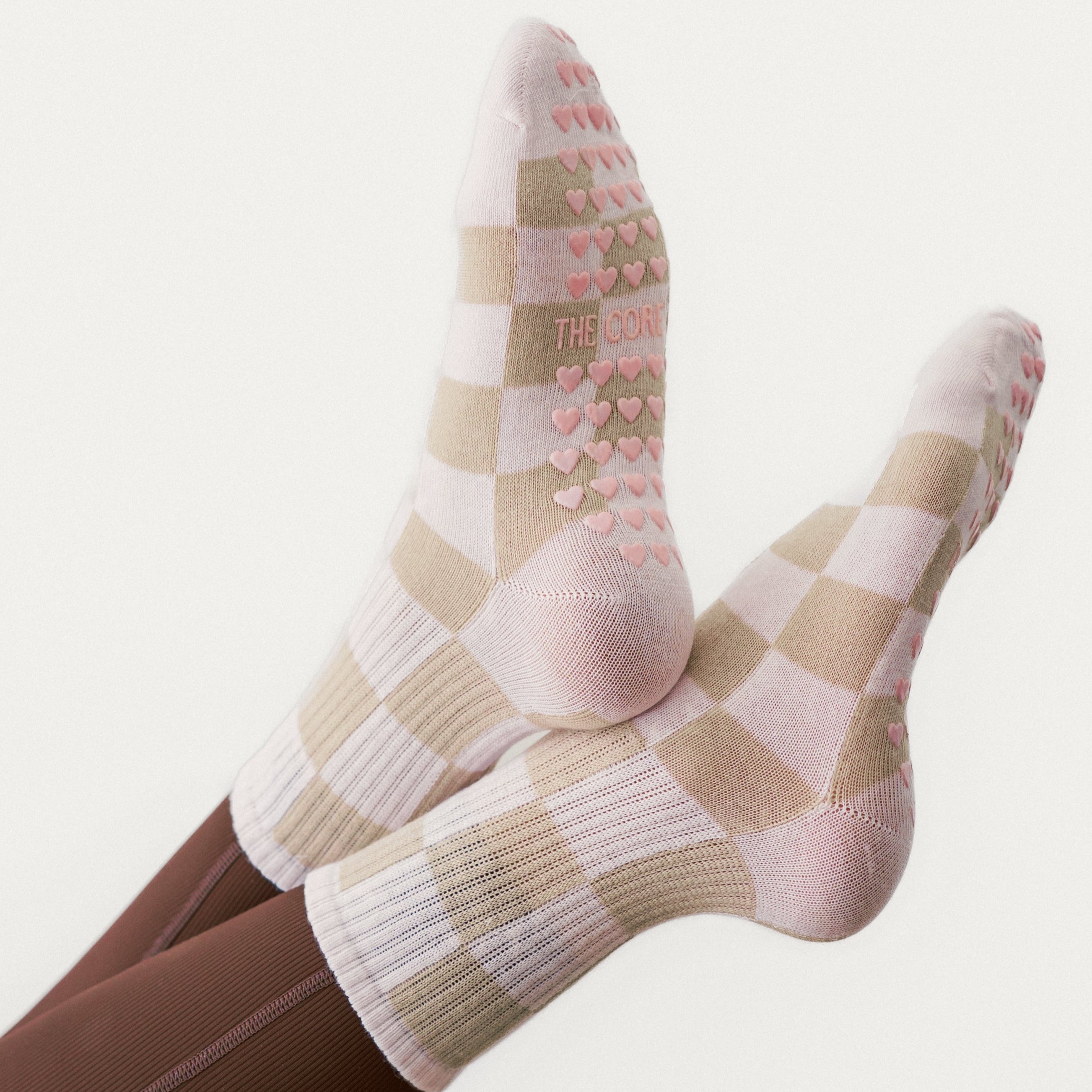 Blush & Sand Checkered Grip Pilates Sock – cotton non-slip socks with pink heart grippies. Unisex, one size fits all for Pilates, yoga & barre.