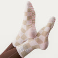 Blush & Sand Checkered Grip Pilates Sock – cotton non-slip socks with pink heart grippies. Unisex, one size fits all for Pilates, yoga & barre.