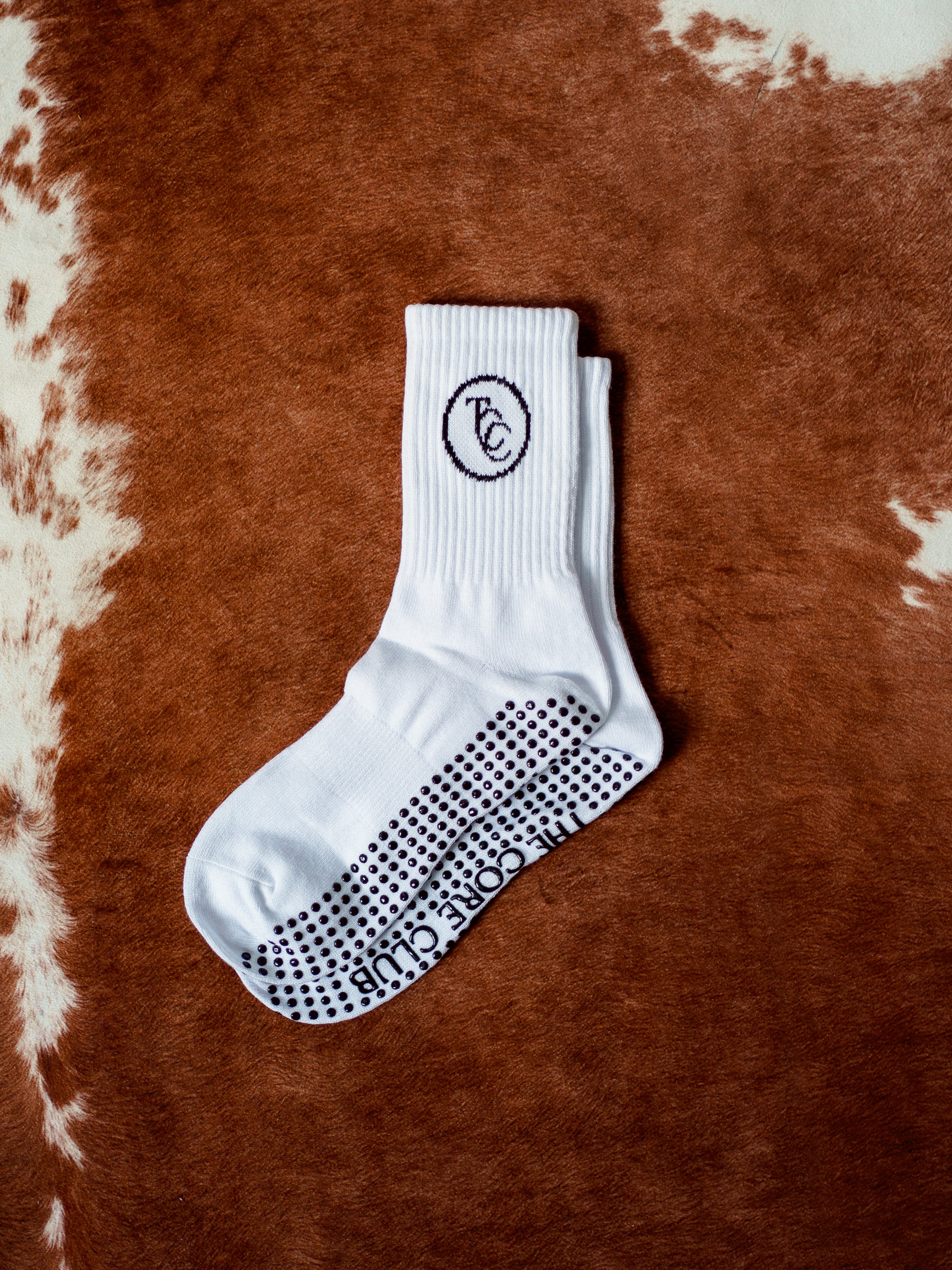 TCC Original Round Logo Grip Socks white and black socks, black grips, pilates and barre socks
