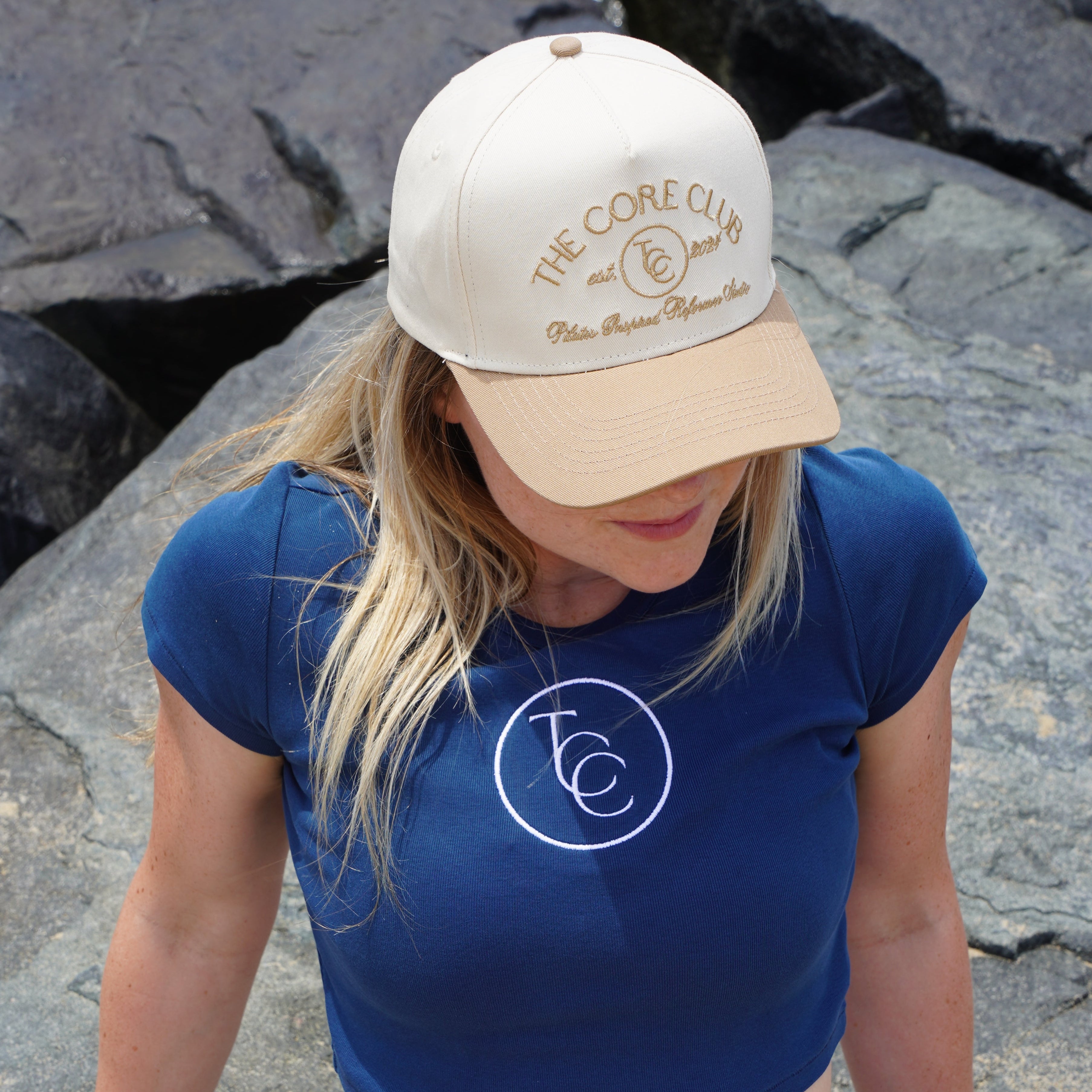 TCC the core club pilates outfit tan baseball snapback hat, neutral accessories 